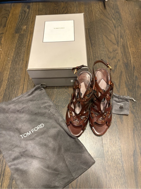 Tom Ford Shoes - Tom Ford Brown Leather Studded Strappy Heels Italy  as is floor display 37 1/2